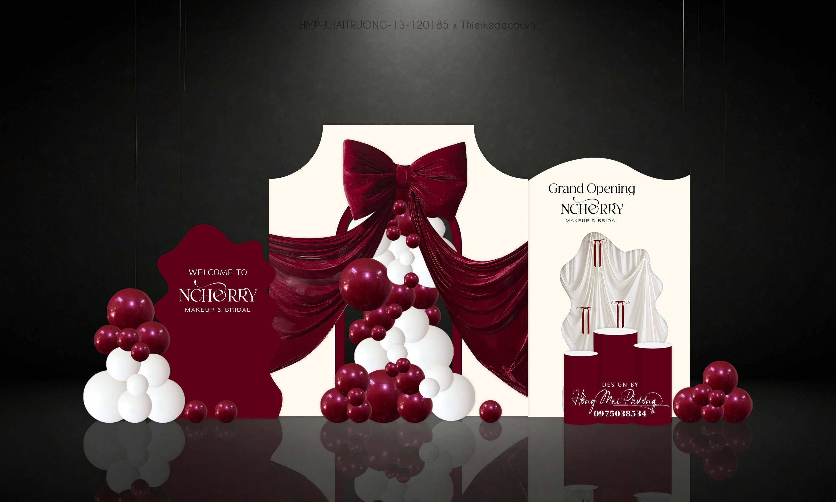 Backdrop Khai trương tone đỏ phối nơ